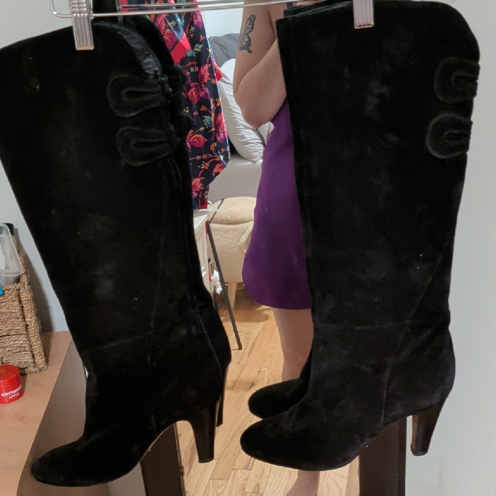 Sarah Flint Knee High Black Suede Heel Boots Size 39/8.5